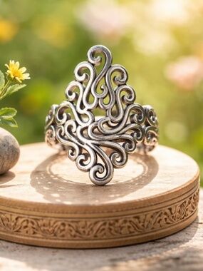 Open Work Scroll Design Band Sterling Silver,  Adjustable Size 7 and Up